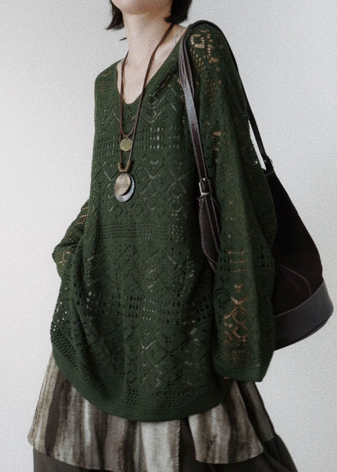 Blackish Green Hollow Out Knit Tops Fall