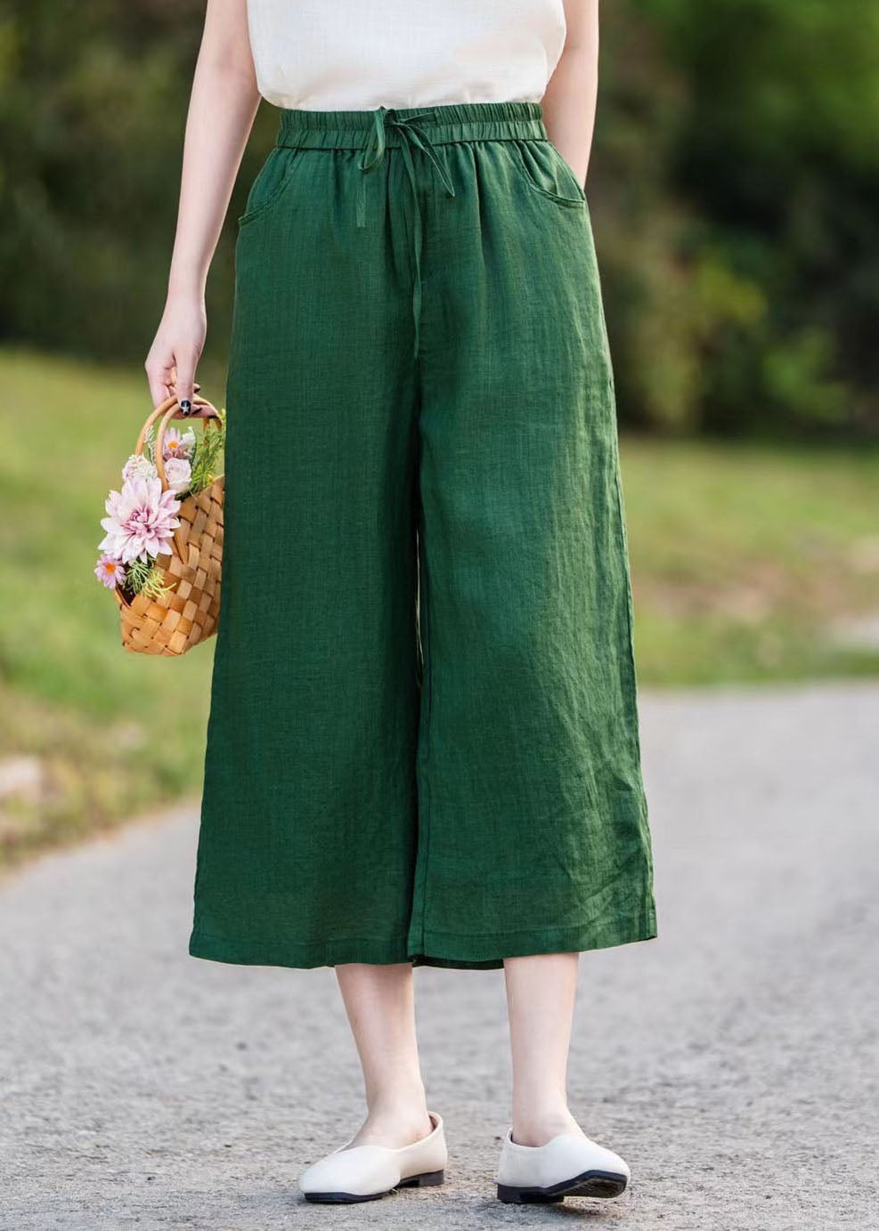 Blackish Green Linen Straight Pants Oversized Summer