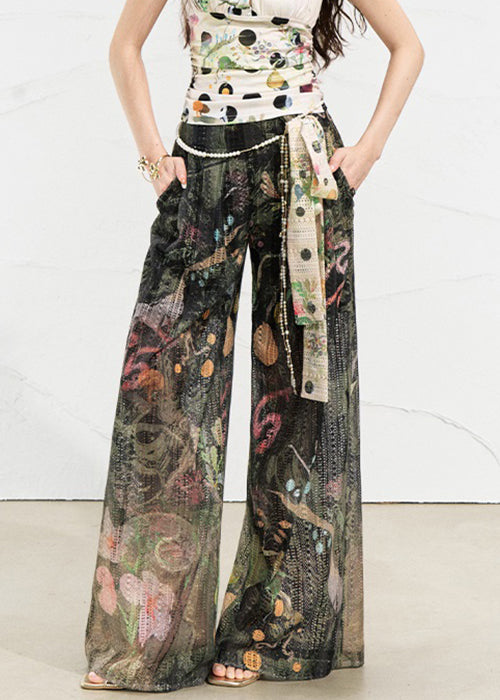 Blackish Green Pockets Lace Up Linen Pants High Waist