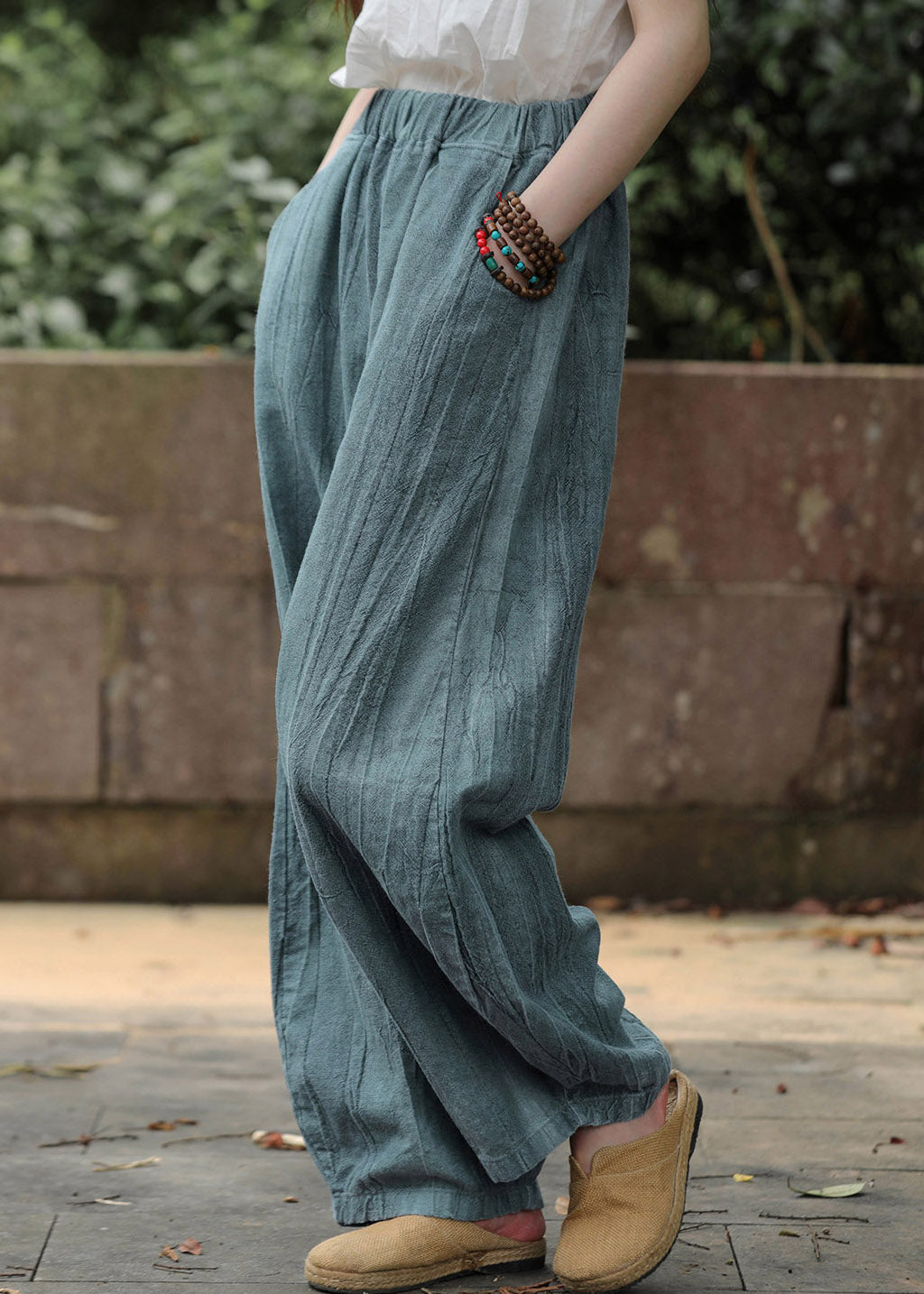 Blackish Green Pockets Solid Wide Leg Pants