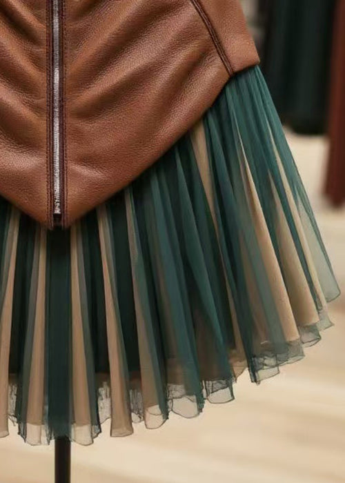 Blackish Green Zippered High Waist Tulle Patchwork Faux Leather Skirt