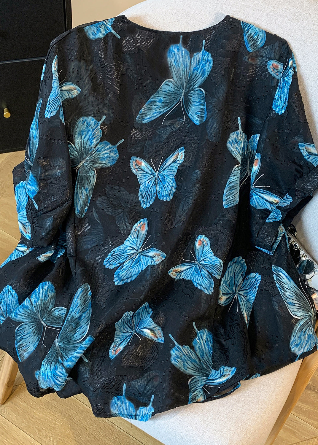 Blue Butterfly Silk Blouse Tops Cinched Summer