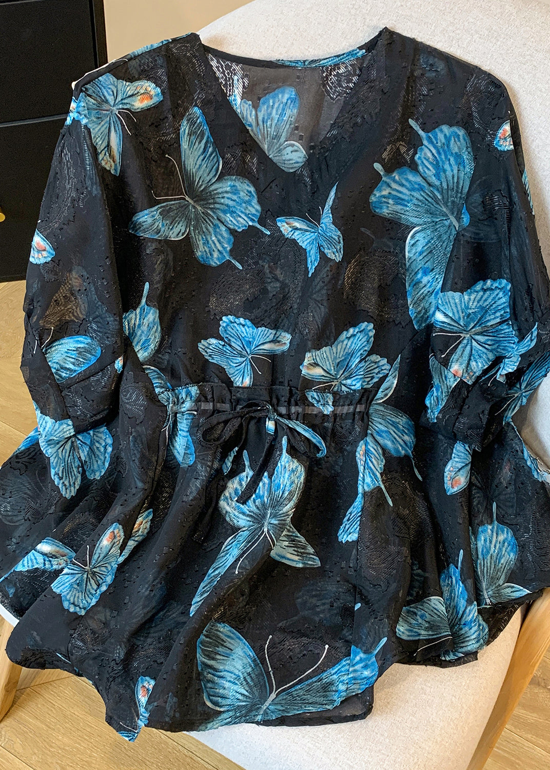 Blue Butterfly Silk Blouse Tops Cinched Summer