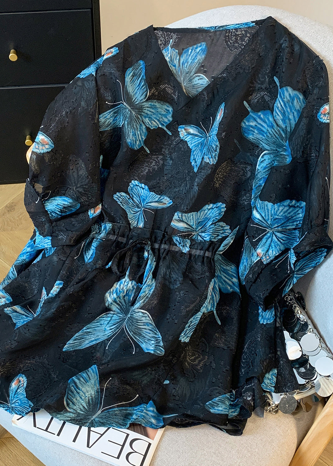 Blue Butterfly Silk Blouse Tops Cinched Summer