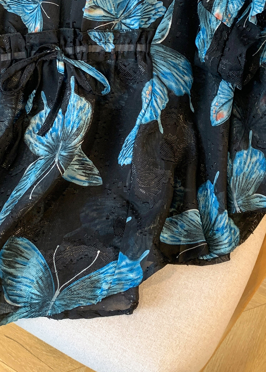 Blue Butterfly Silk Blouse Tops Cinched Summer