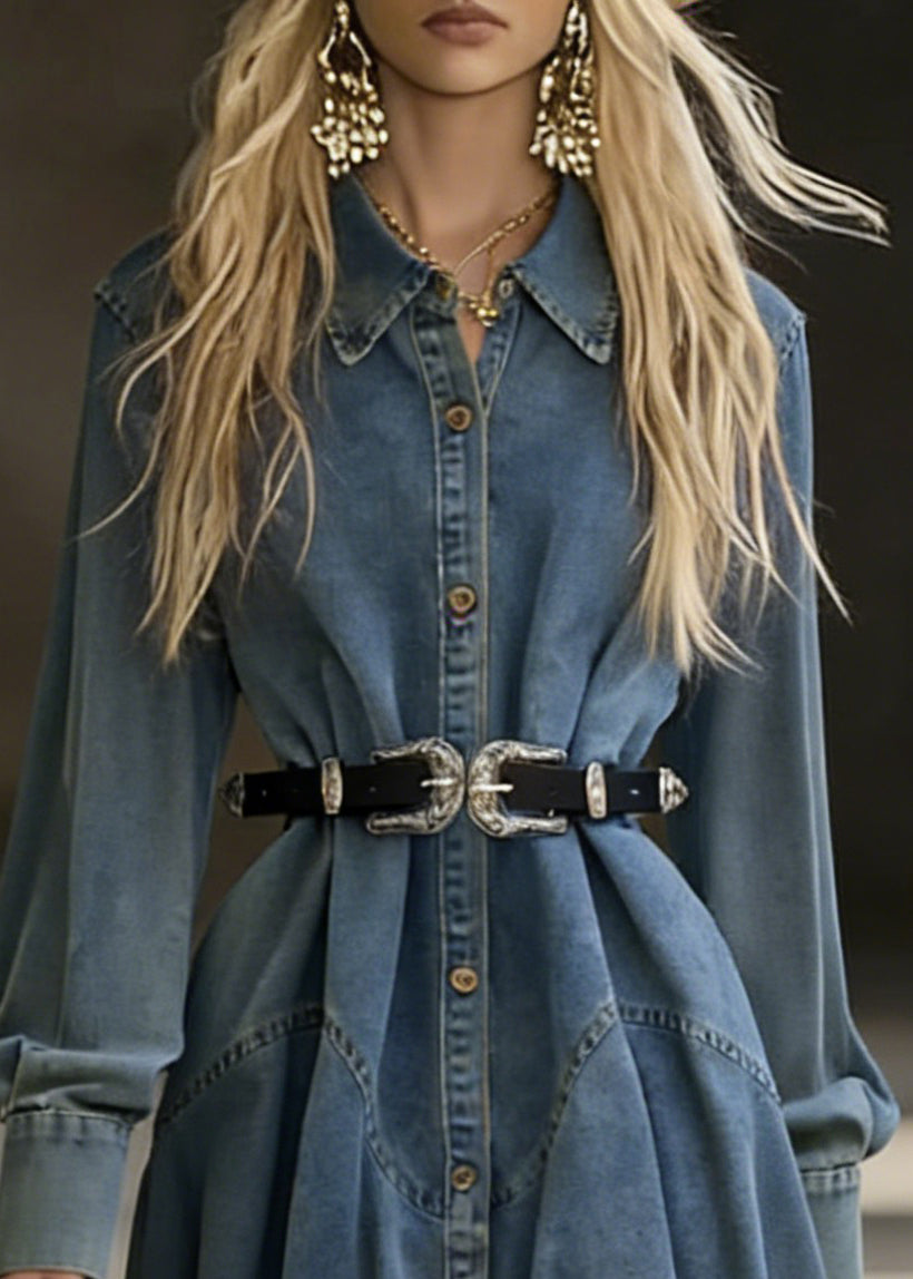 Blue Button Denim Mid Dress Peter Pan Collar Spring - Omychic