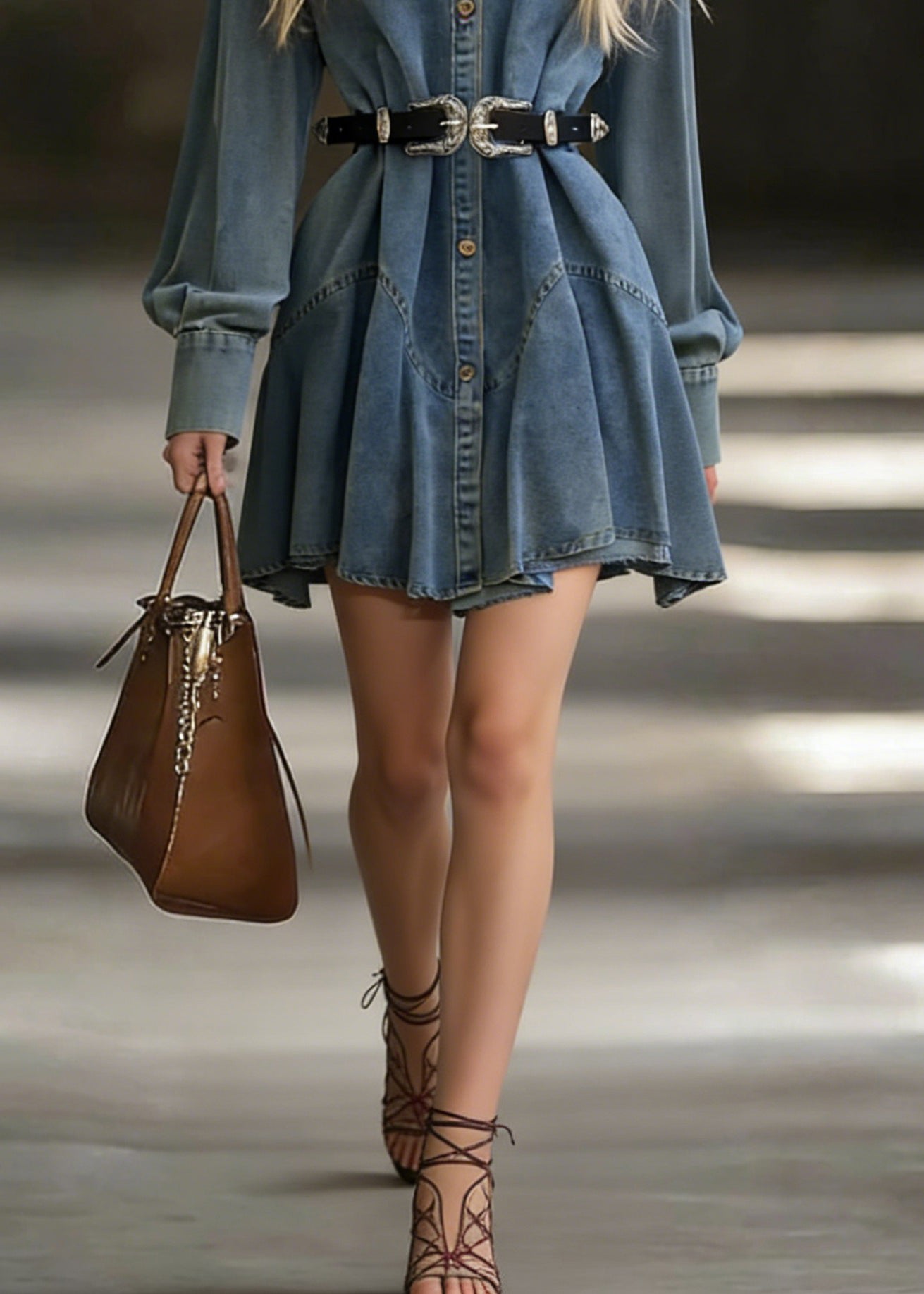 Blue Button Denim Mid Dress Peter Pan Collar Spring - Omychic