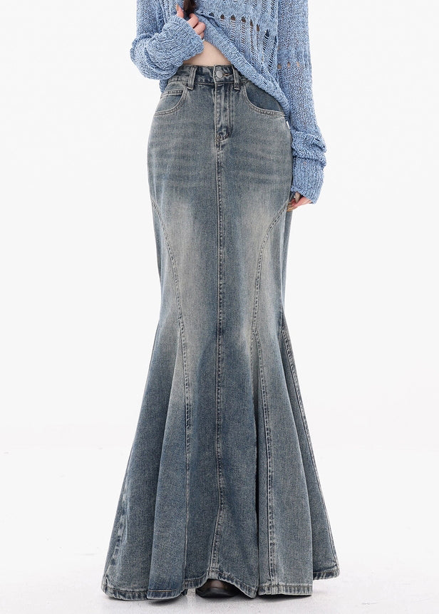Blue Button Original Design Fishtail Skirts High Waist