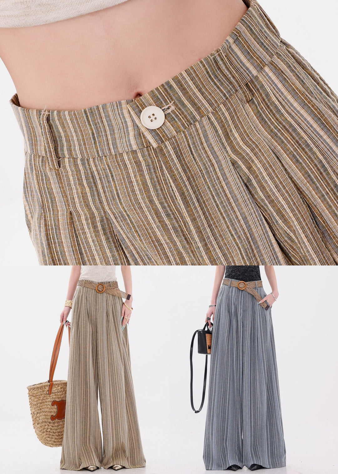 Blue Button Pockets Cotton Wide Leg Pants Elastic Waist