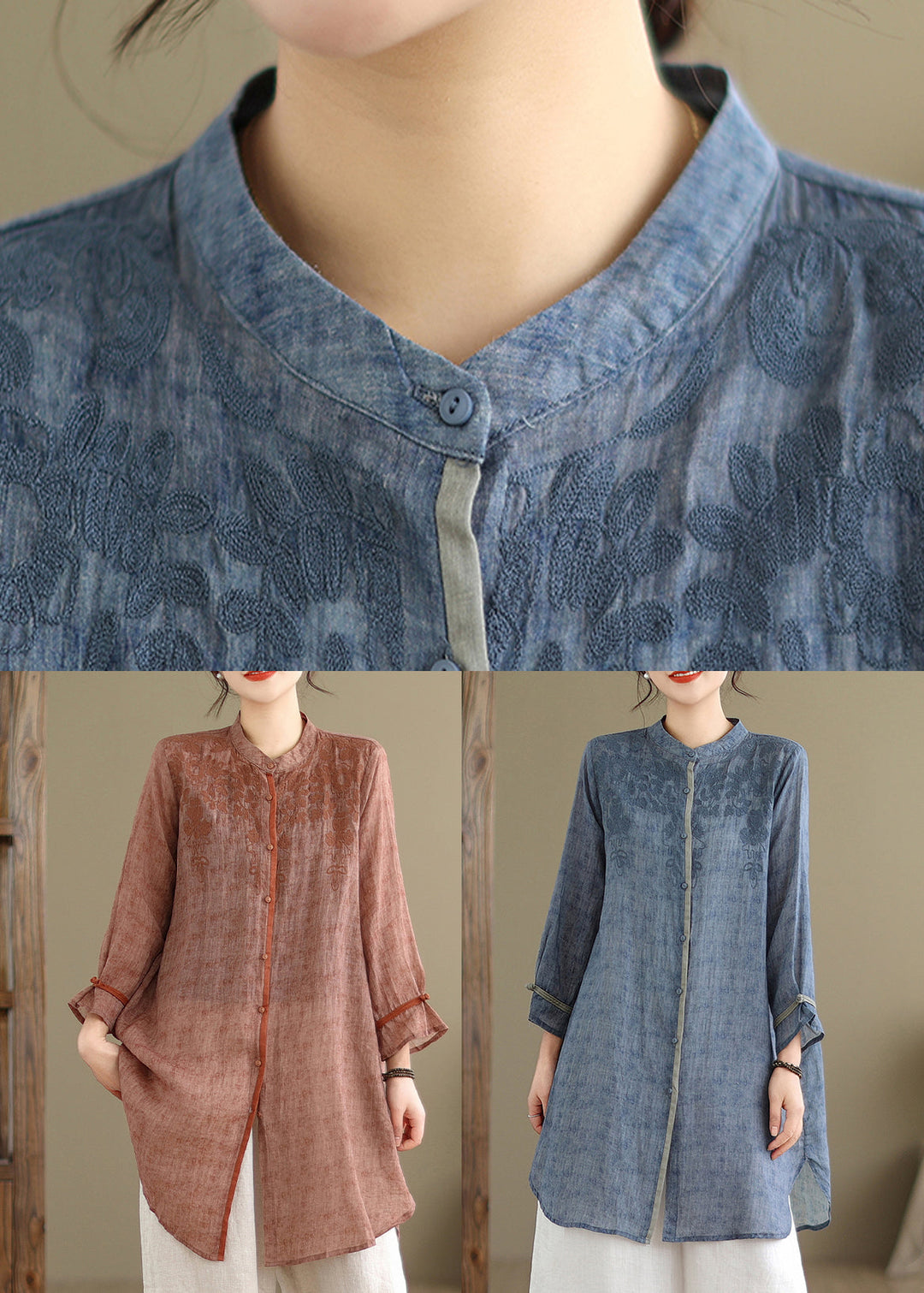 Blue Button Side Open Mid Shirts Spring