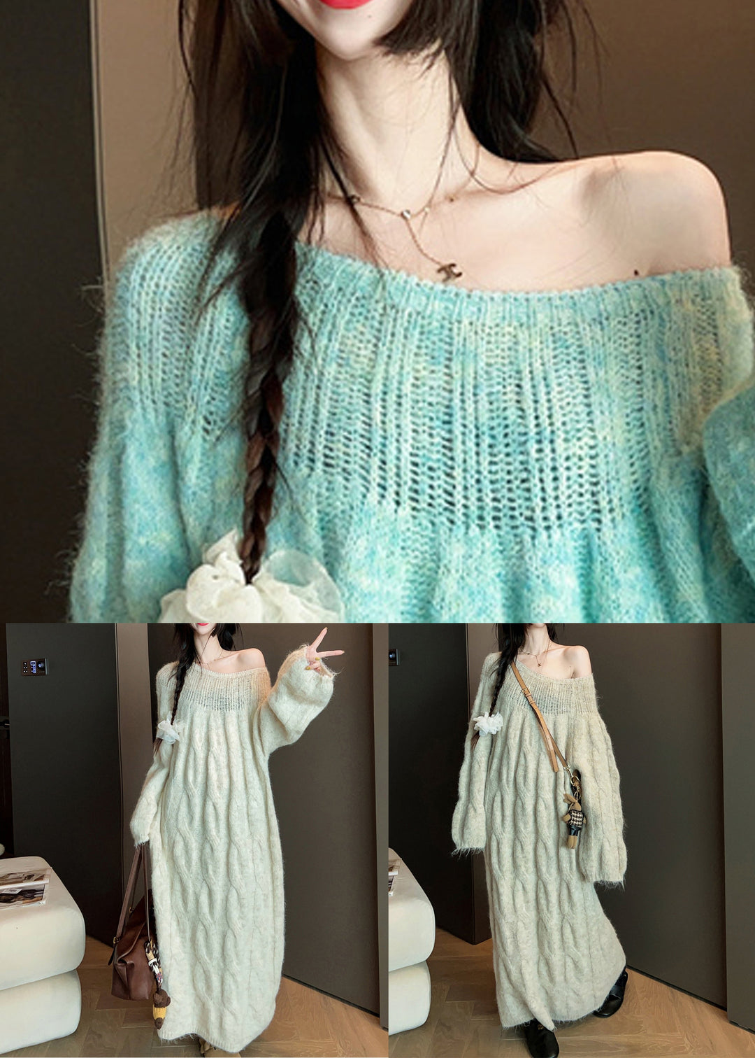 Blue Cozy Cable Knit Sweater Dress Hollow Out