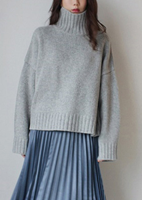Blue Cozy Thick Knitted Cotton Sweater Turtleneck