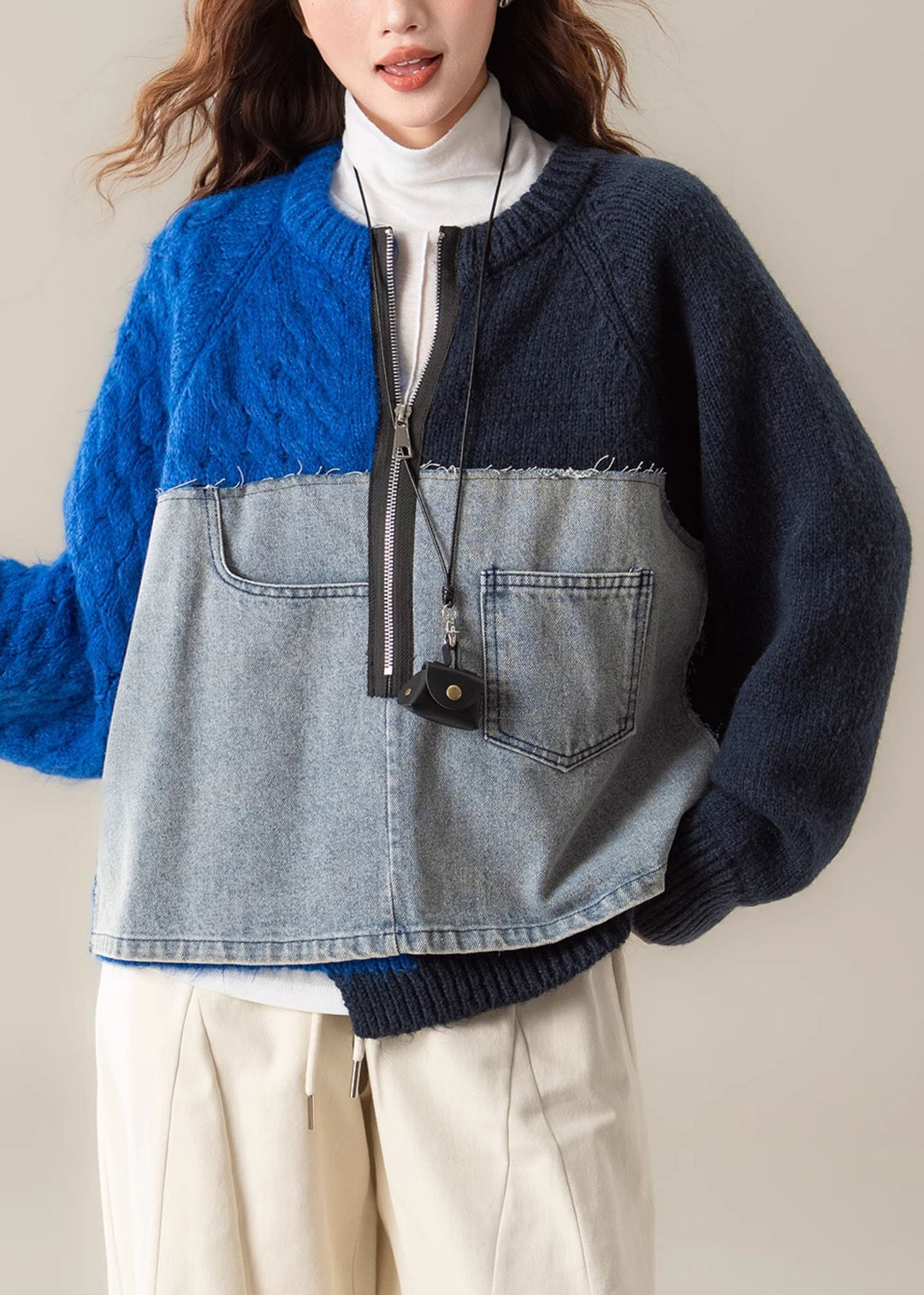 Blue Denim Patchwork Cable Knit Sweater Tops Asymmetrical