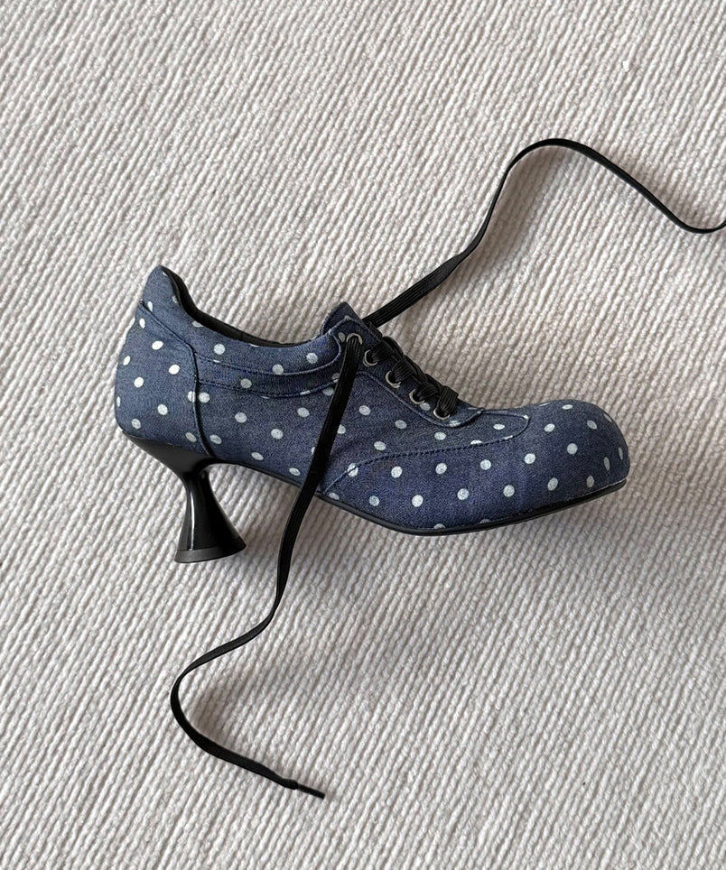 Blue Dot Cotton Fabric Boutique Splicing High Heels Lace Up
