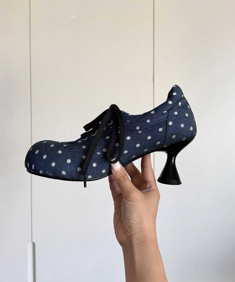 Blue Dot Cotton Fabric Boutique Splicing High Heels Lace Up