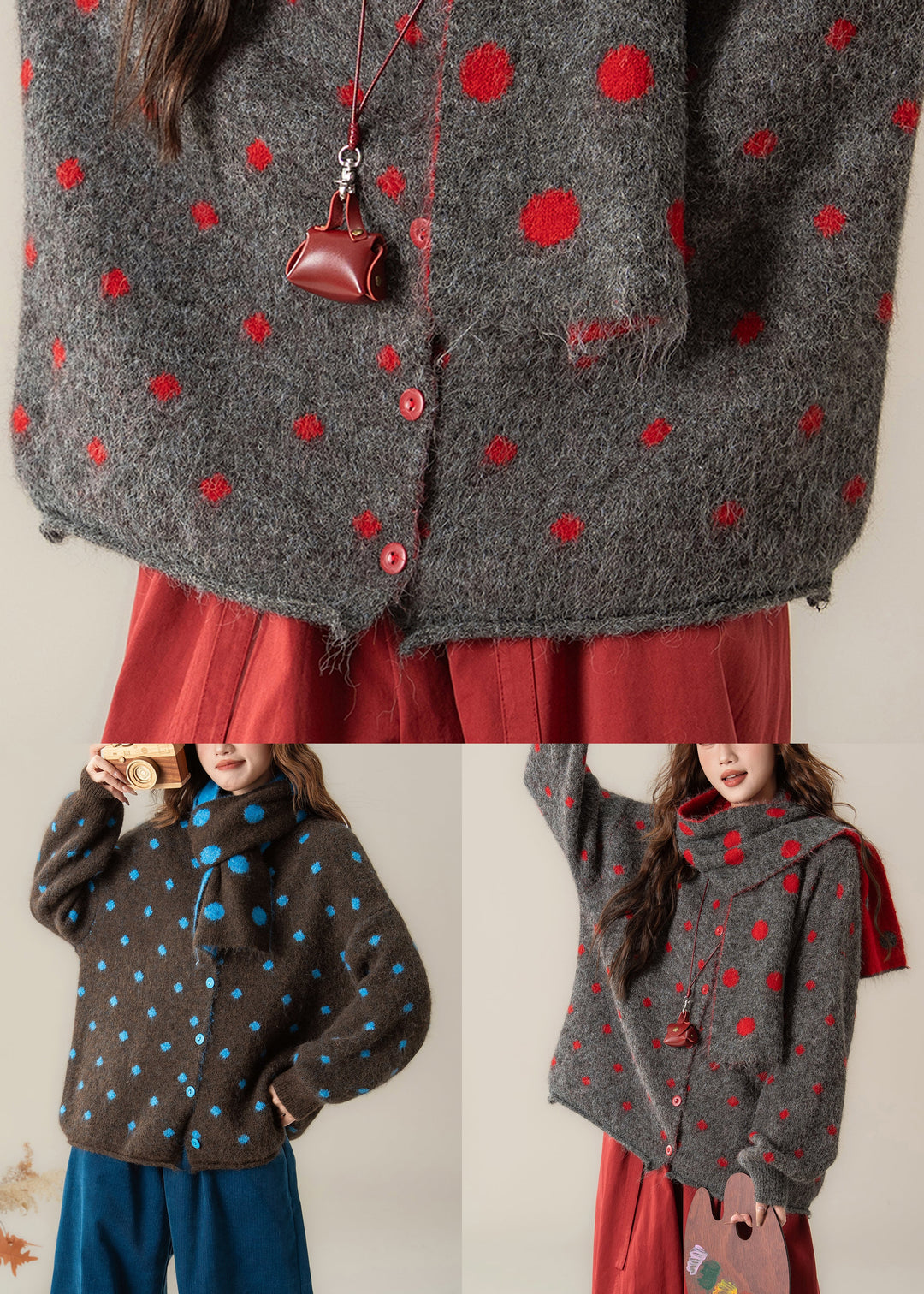 Blue Dot Cozy Scarf Knit Coats O-Neck