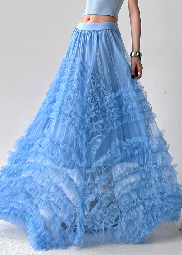 Blue Elastic Waist Solid Tulle Summer Exra Large Hem Skirt Ruffled