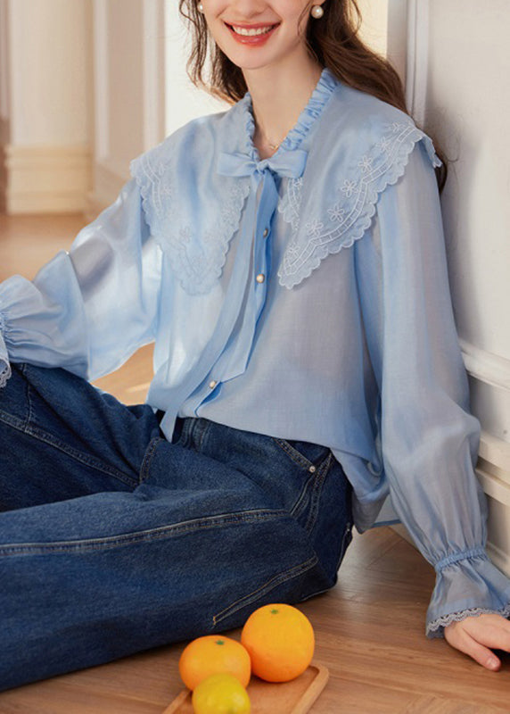 Blue Embroidered Floral Tie Lace Tops Fall