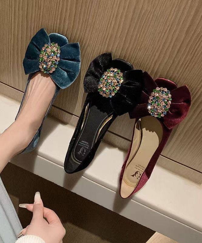 Blue Flat Feet Shoes Velour Chic Splicing Bow Zircon