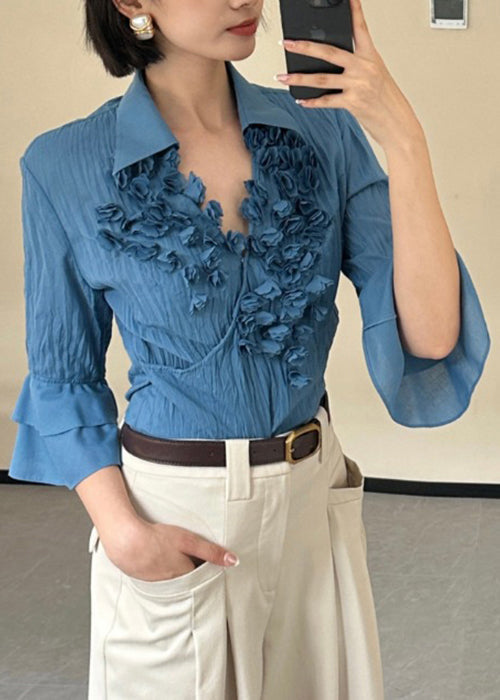 Blue Floral Cotton Shirt Top Peter Pan Collar Flare Sleeve