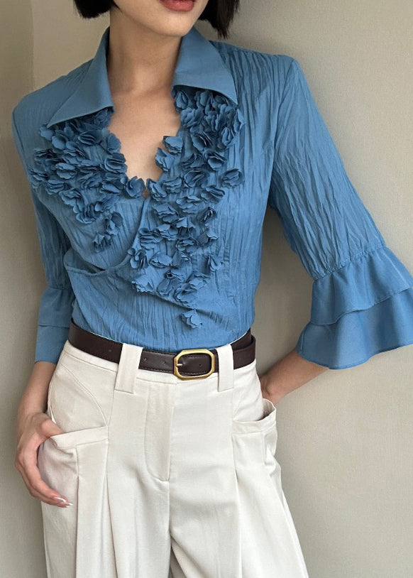 Blue Floral Cotton Shirt Top Peter Pan Collar Flare Sleeve
