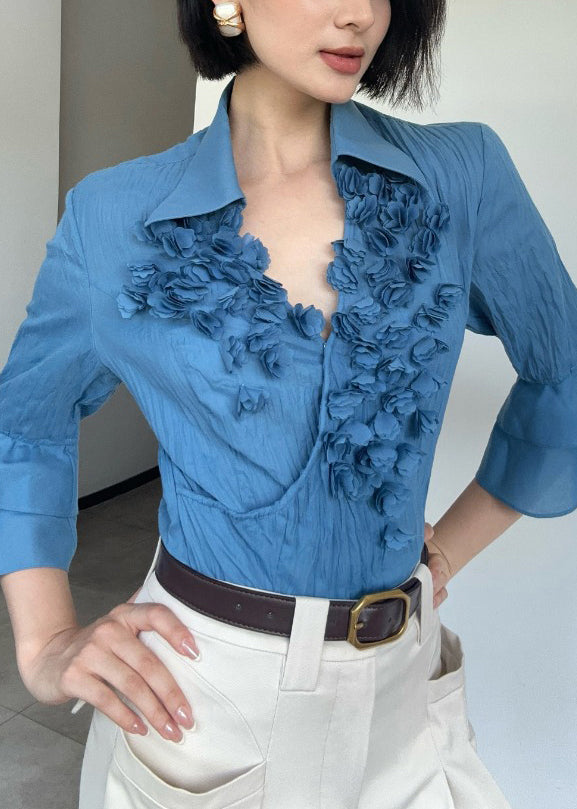 Blue Floral Cotton Shirt Top Peter Pan Collar Flare Sleeve