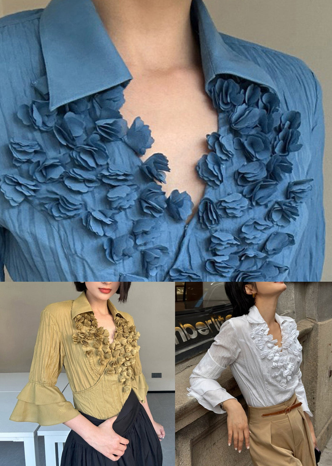 Blue Floral Cotton Shirt Top Peter Pan Collar Flare Sleeve