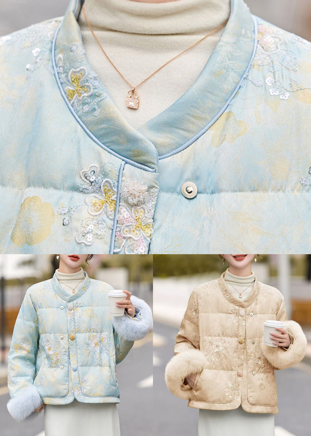 Blue Fur Patchwork Duck Down Down Jacket Embroidered Winter