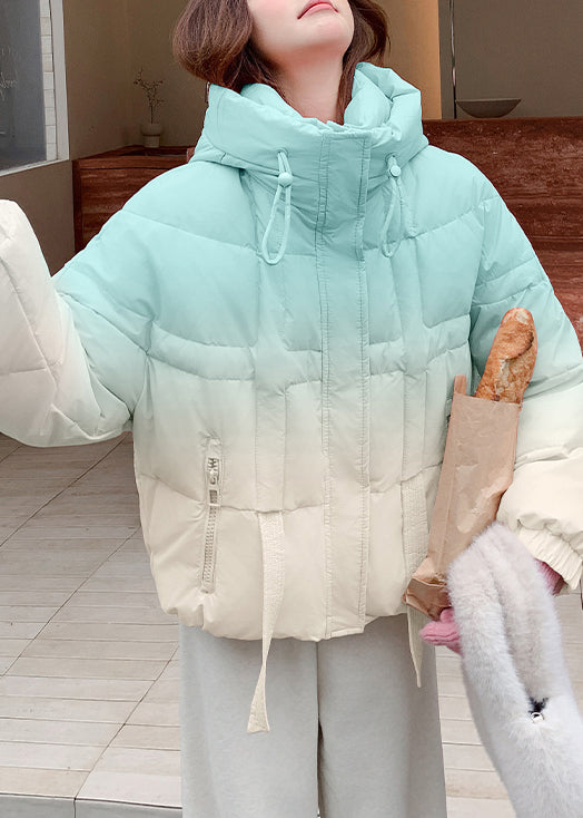 Blue Gradient Color Pockets Drawstring Duck Down Puffer Coat Hooded
