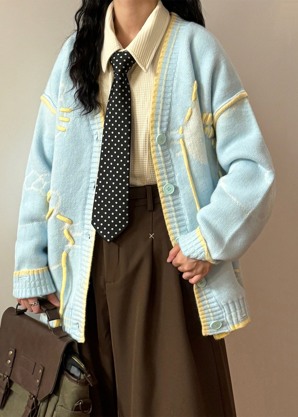 Blue Hole Cats Patchwork Knit Coats V Neck