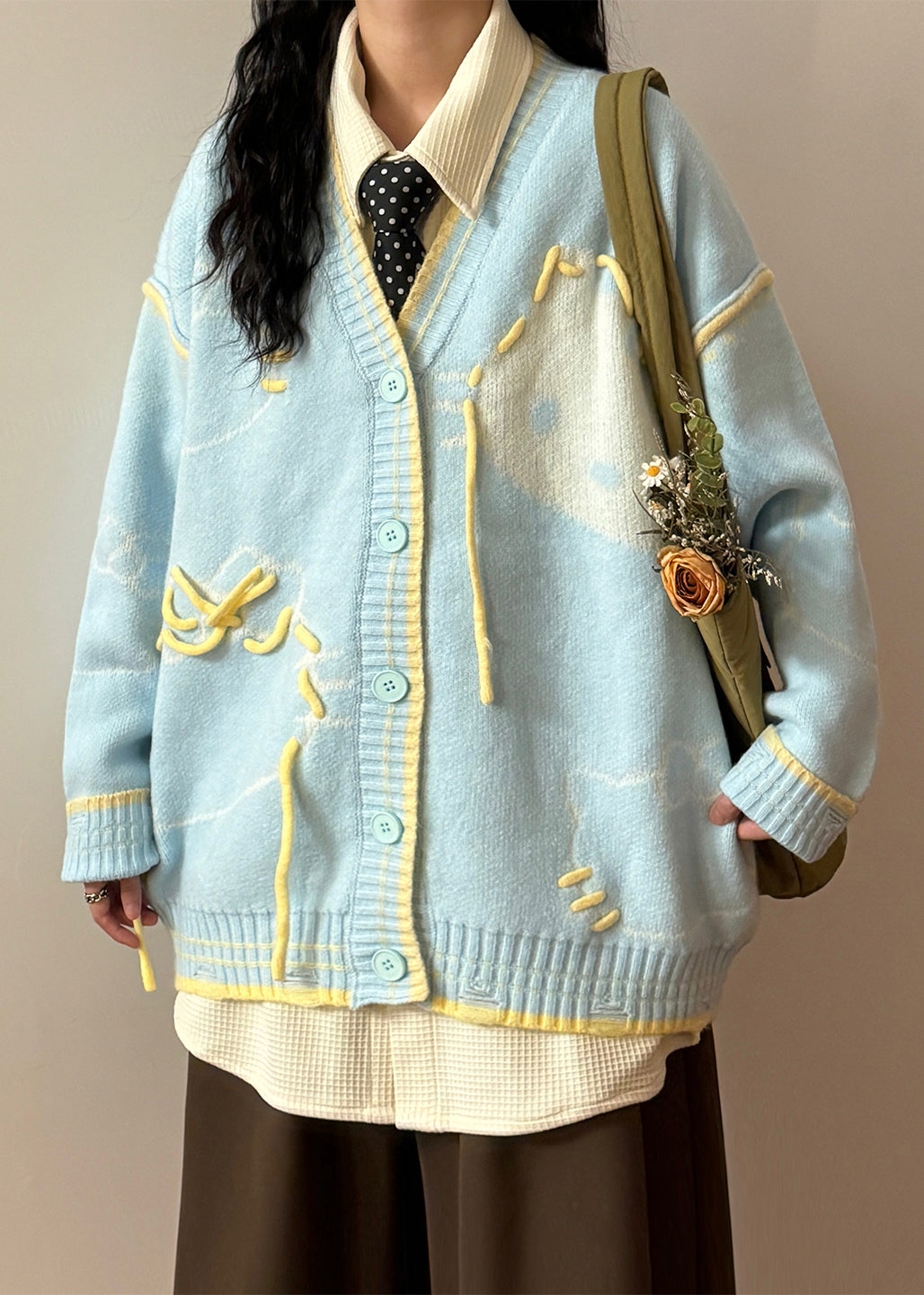 Blue Hole Cats Patchwork Knit Coats V Neck