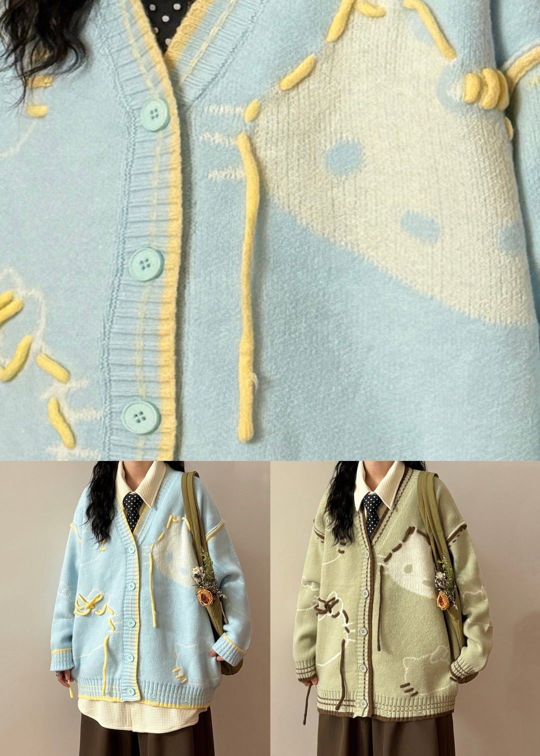 Blue Hole Cats Patchwork Knit Coats V Neck