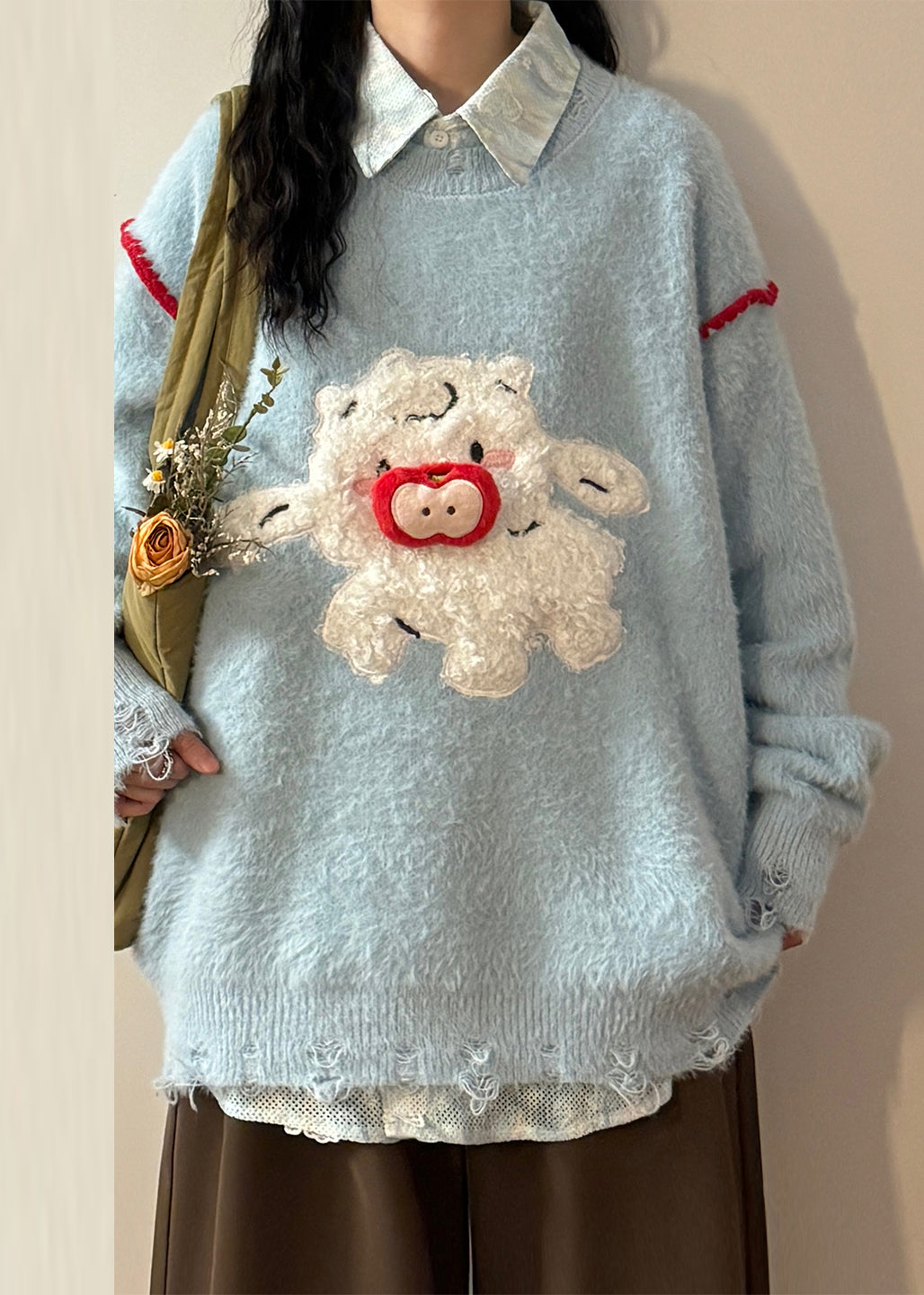 Blue Hole Little Lamb Patchwork Knit Sweaters O Neck Spring