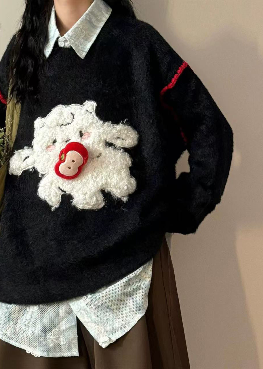 Blue Hole Little Lamb Patchwork Knit Sweaters O Neck Spring