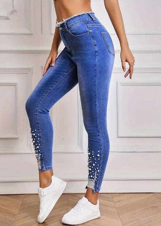 Blue Hole Pockets Denim Summer Pants High Waist