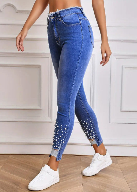 Blue Hole Pockets Denim Summer Pants High Waist