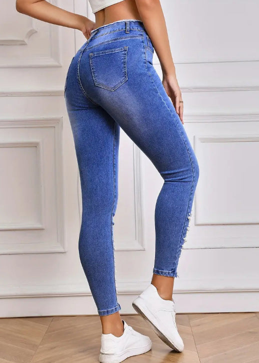 Blue Hole Pockets Denim Summer Pants High Waist