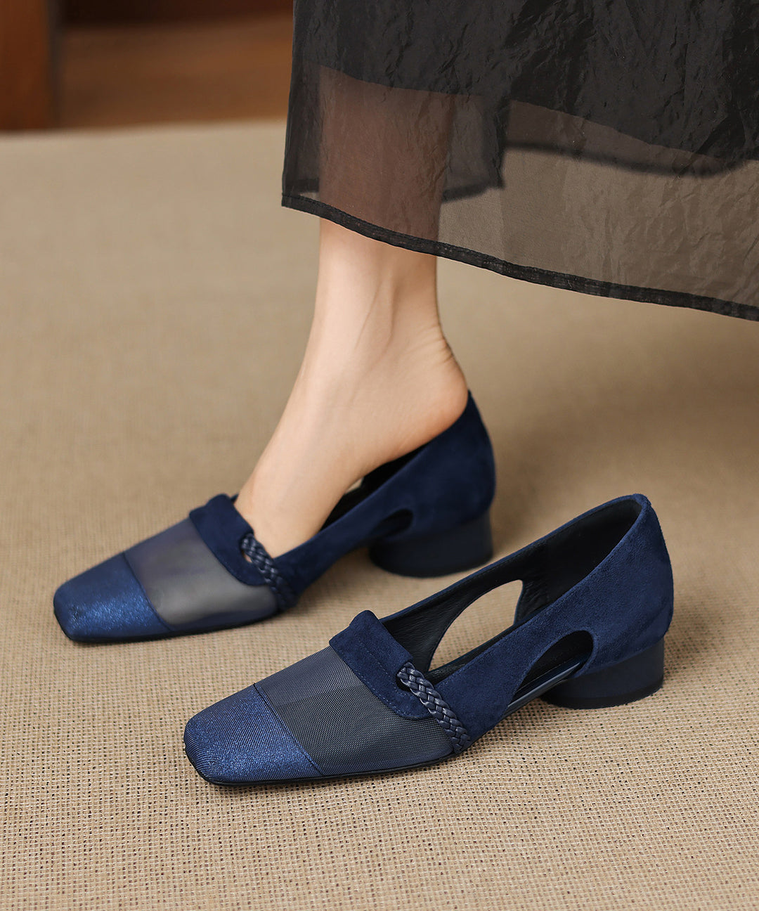 Blue Hollow Out Classy Shoes Suede Art Splicing Tulle