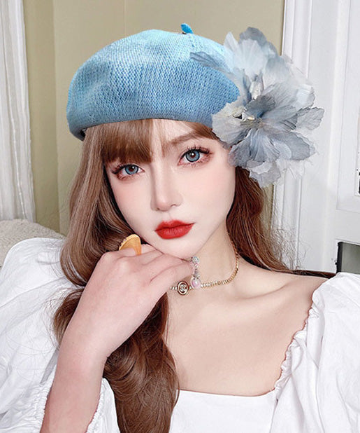 Blue Ink Wash Tulle Flower Beret Hat Breathable Mesh