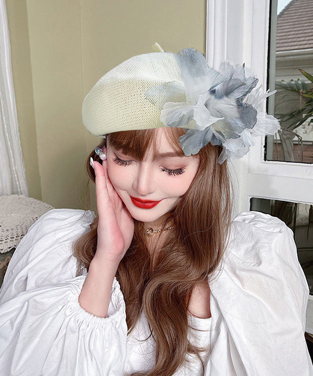 Blue Ink Wash Tulle Flower Beret Hat Breathable Mesh