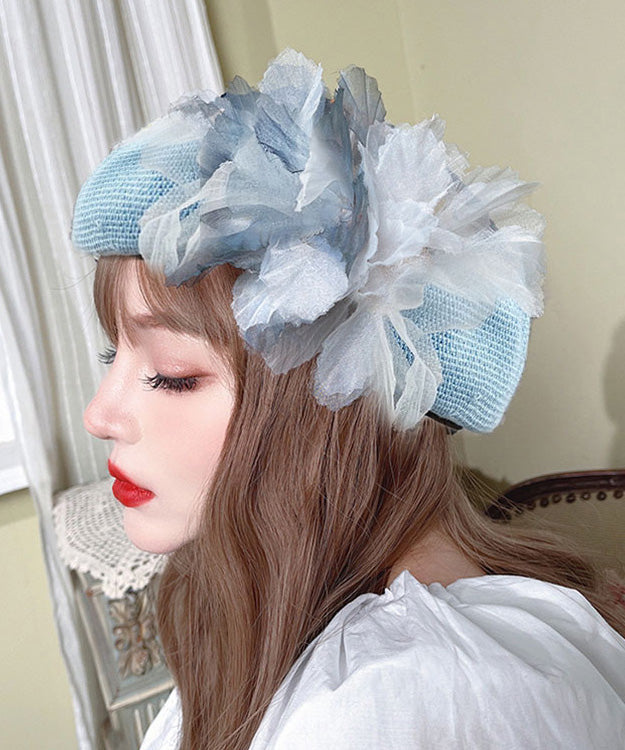 Blue Ink Wash Tulle Flower Beret Hat Breathable Mesh