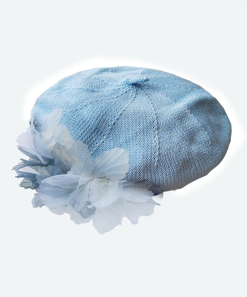 Blue Ink Wash Tulle Flower Beret Hat Breathable Mesh