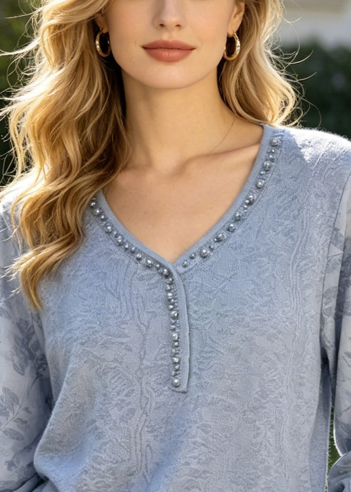 Blue Jacquard Cotton Blouses Handmade Pearl Summer