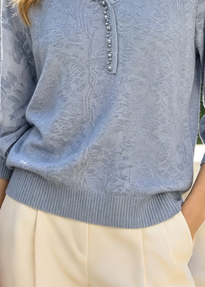 Blue Jacquard Cotton Blouses Handmade Pearl Summer