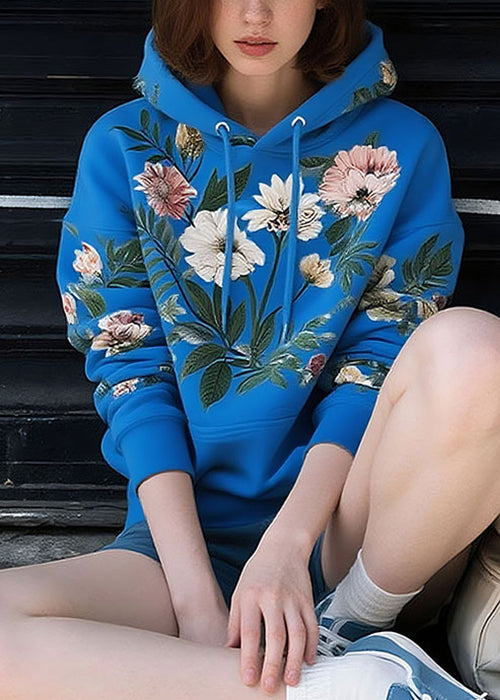 Blue Lace Up Print Cotton Pullover Sweatshirt Hooded Fall