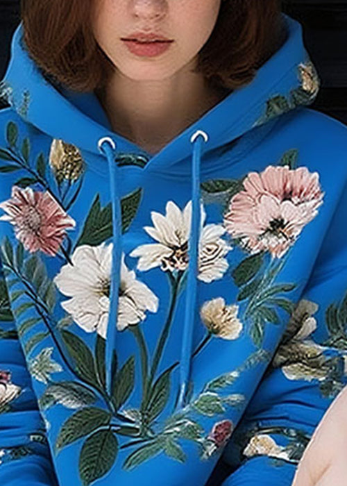 Blue Lace Up Print Cotton Pullover Sweatshirt Hooded Fall