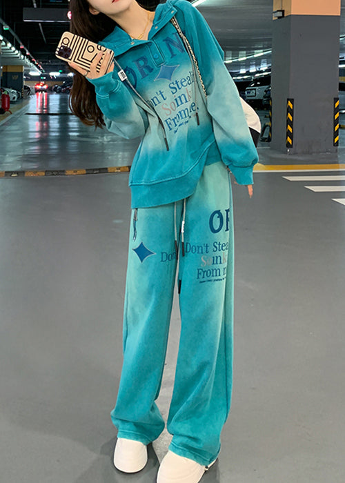 Blue Letter Sweatshirt And Pants Warm Fleece Two Pieces Set Hooded