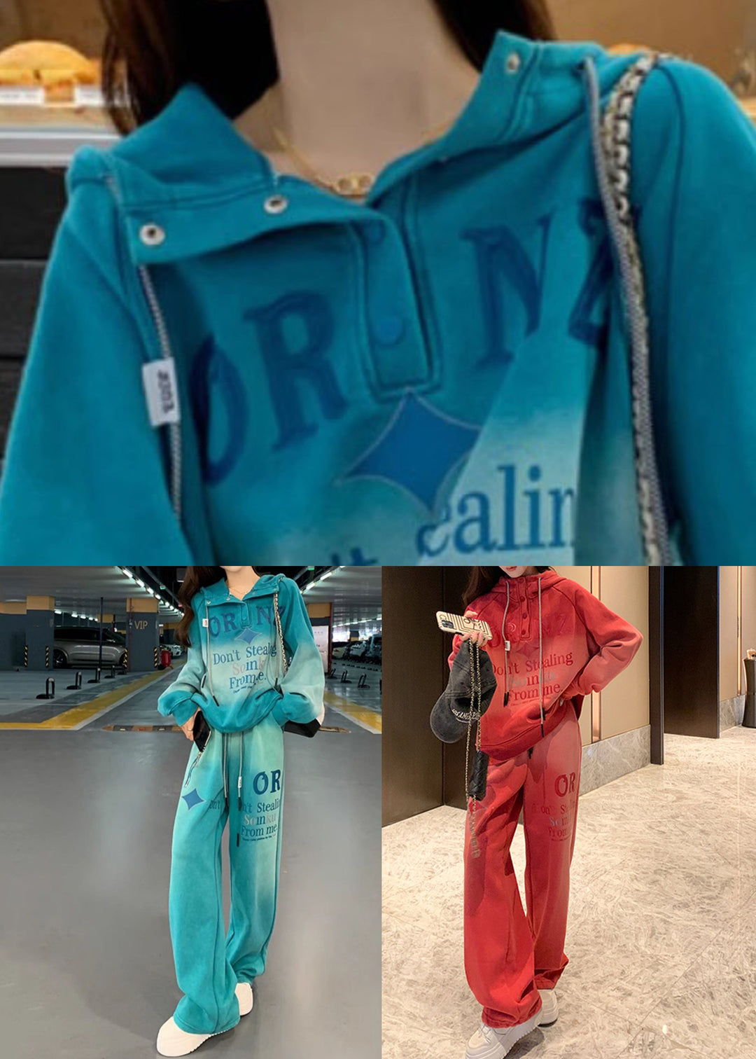 Blue Letter Sweatshirt And Pants Warm Fleece Two Pieces Set Hooded