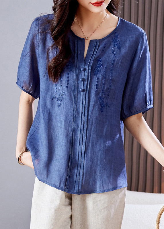 Blue Linen Top Embroidered Wrinkled Summer