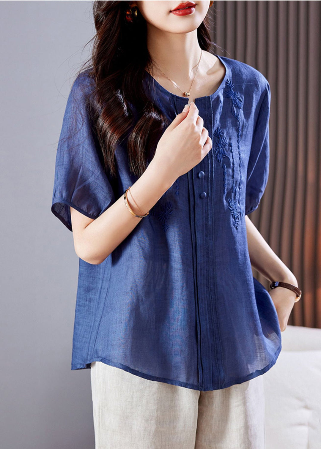 Blue Linen Top Embroidered Wrinkled Summer